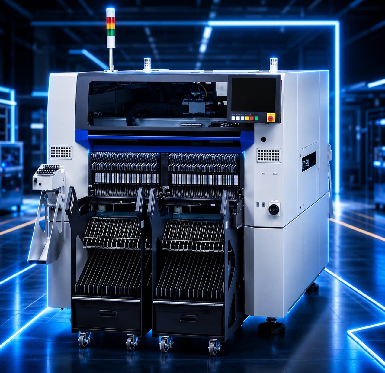 Производственная SMD-линия: конвейер, установщики компонентов, печь оплавления, инспекционная зона